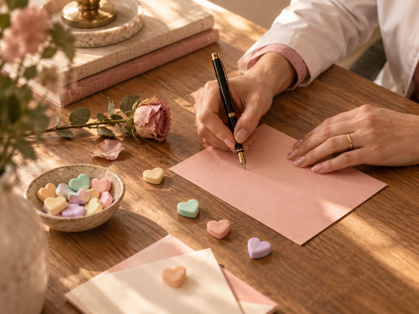 Manos escribiendo una nota personal sobre papel rosado con pluma estilográfica, corazones de dulce pastel alrededor