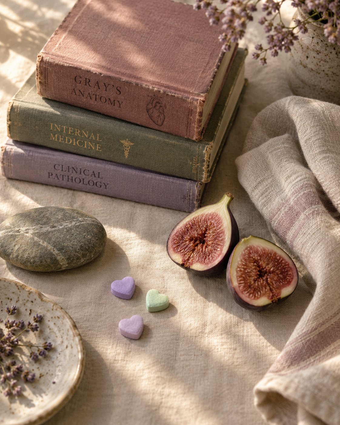 Libros antiguos de medicina (Gray's Anatomy, Internal Medicine), higos abiertos y corazones de dulce lavanda y menta sobre lino