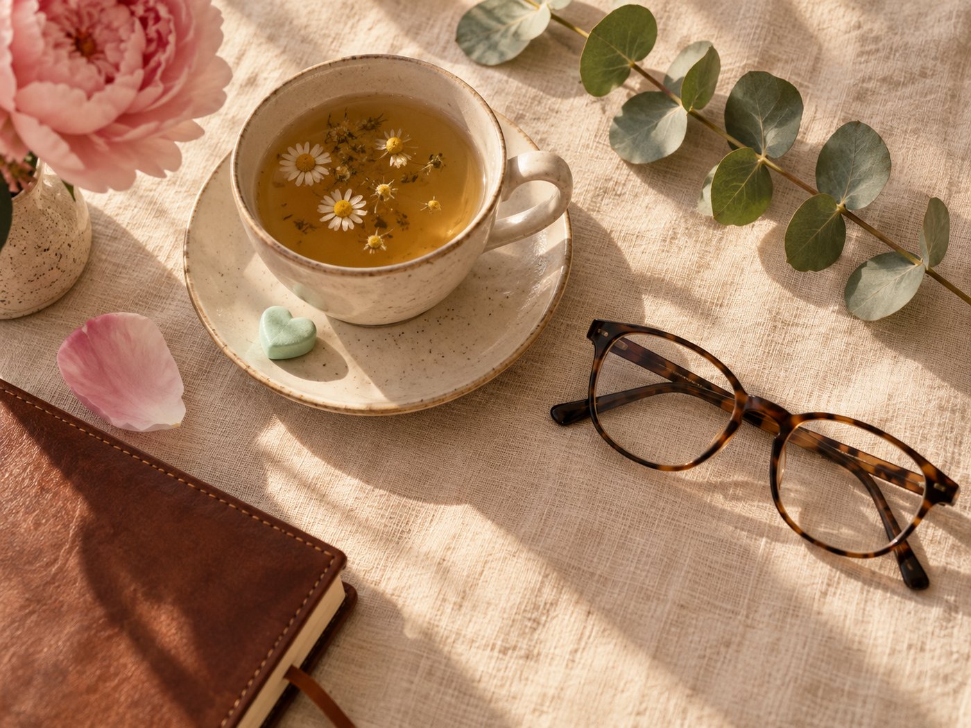 Taza de té de manzanilla, gafas de lectura y ramita de eucalipto sobre lino, con un corazón de menta en el platito