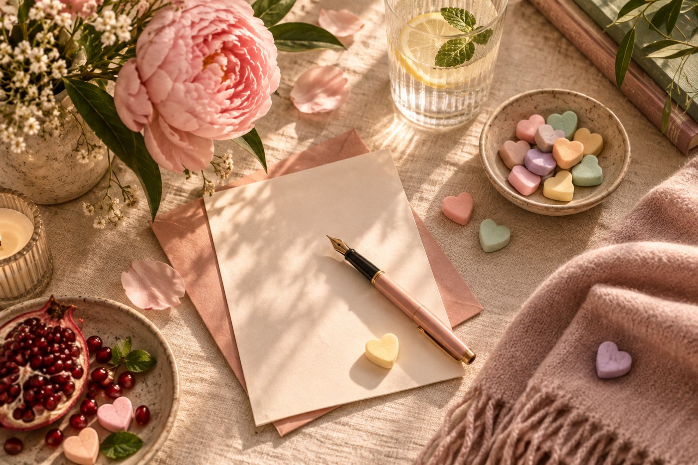 Bodegón editorial: peonía rosada, sobre color rosa, pluma estilográfica y platito con corazones de dulce pastel